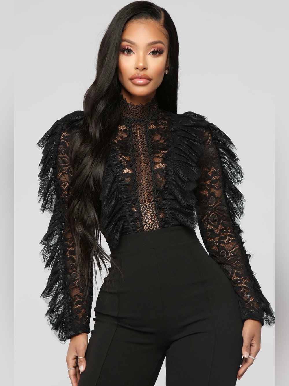 Fashion Nova Black Lace Ruffle Long Sleeve Jumpsuit Sz S